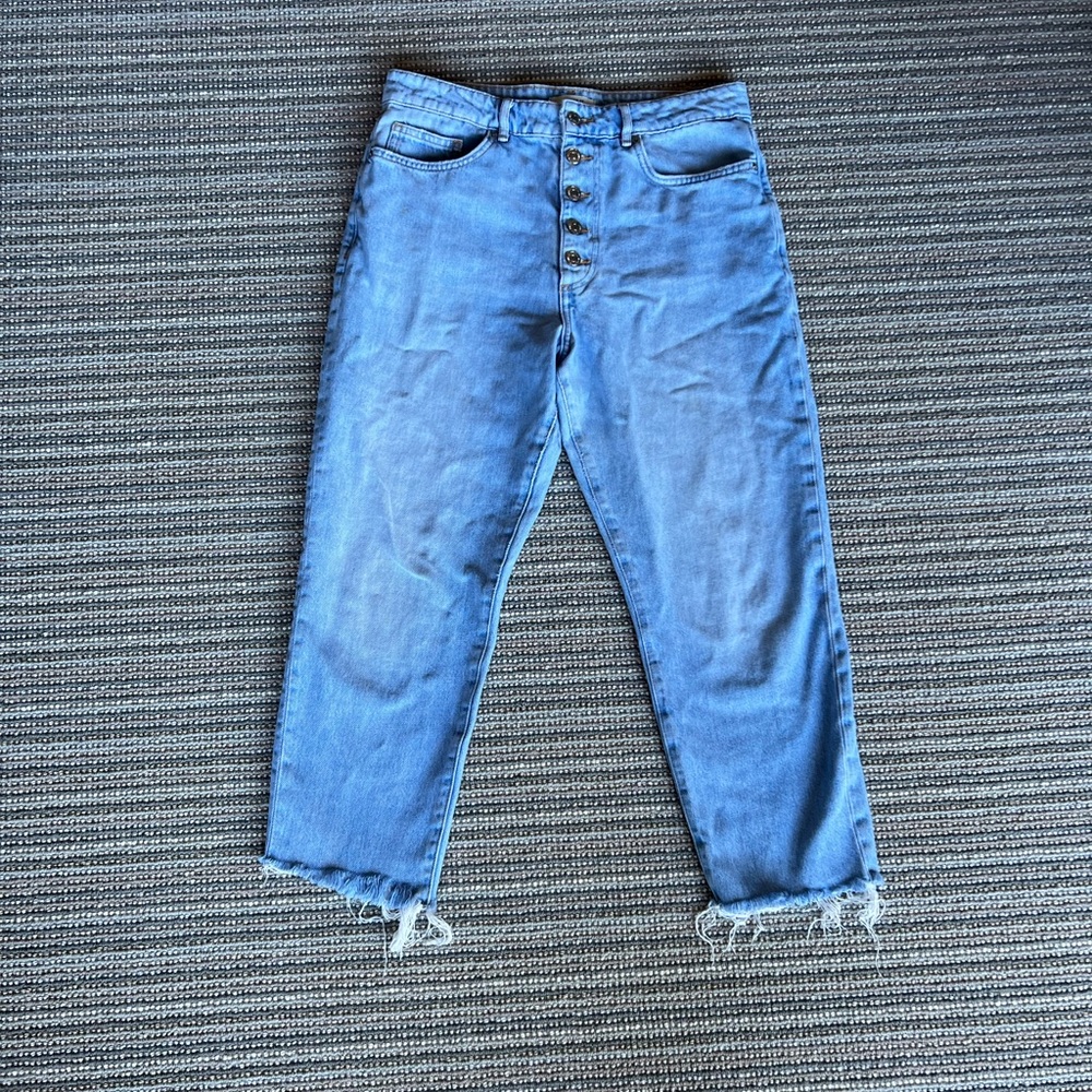 Blue Button-Fly Frayed Hem Jeans